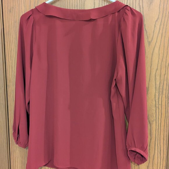Loft Tie Front Ruffle Neck Long Sleeve Blouse Wine-SP - Picture 5 of 5